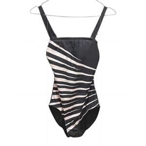 Venus One Piece Black Bathing Suit White Stripes Size 4